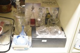 A Dartington clear crystal conreal decanter having tear drop style stopper, h36.5cm, sold together