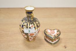 A Royal Crown Derby 'Old Imari' pattern vase of lobed form having twin handles and rippled spout,