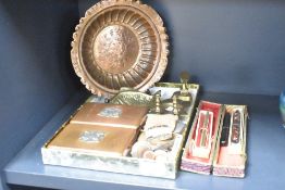 A brass fish shaped trinket dish, L11cm, sold together with two copper boxes, pens and