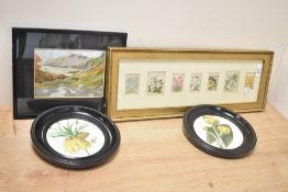 Two floral needle works sold together with two flower pictures