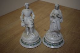 A porcelain girl sculpture having Meissen mark to base, h18cm, sold together with a male sculpture