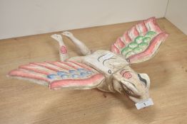A carved wooded flying frog puppet, w44cm
