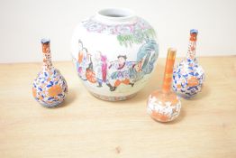 A Chinese Famille Rose ginger jar (missing cover), h16.5cm, sold together with two Imari bottle