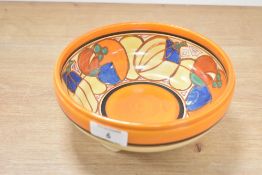 A Clarice Cliff bowl hand painted with fruit in the Art Deco style, w18.5cm