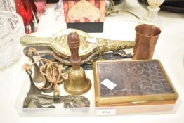 An early 20th century bellow, L33cm, sold together with a brass bell and a cigarette box ect