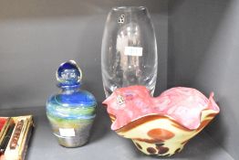 A Langham glass vase of oval form, h25cm, sold together with a glass bottle and bowl