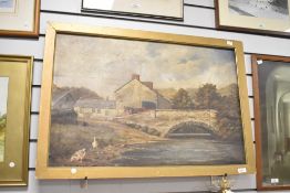 An early 20th century oil on board depicting farmhouse beside a river, signed bottom right, 83cm x