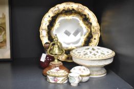 A Royal Worcester plate decorated with gilt floral designs, w22cm, sold together with a brass bell