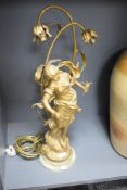 A 19th century Art Nouveau style table lamp featuring a female figure having two light fixtures
