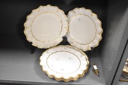 6 Royal Crown Derby China 'Loinbandy' pattern dinner plates, w26cm, sold together with a brass