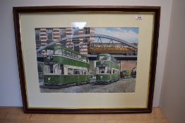 A framed watercolour by the famous transport artist GS Cooper featuring Tram cars