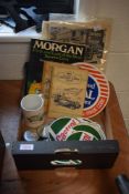 A box of motoring related ephemera including Castrol stickers, Cigarette cards etc