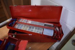 A large red tool box with lift out tray and contents