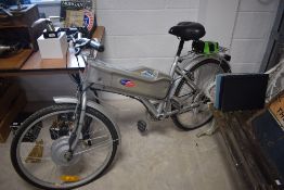 A Powerabyke electric bicycle in grey with pack and keys