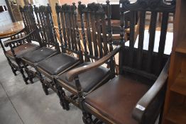 A set of six late 19th or early 20th Century (three plus two) oak rail back dining chairs