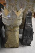 A large cast iron hopper or chimey top and a clay chimney pot (crownstyle af), each height approx.