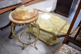 A vintage onyx coffee table and similar plant stand (af - some damage to frame, but still erects