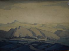 Hirst Walker (British 1868 - 1957) Watercolour 'The Hills of Linus' watercolour in blue tones