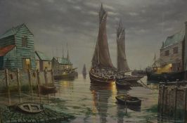 Ruffell (British 20th century) oil on canvas, fishing harbour scene with boats, buildings and