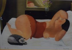 After Anna Antola (b.1930) colour print 'Nudo' depicting a partially exposed female sleeping next to