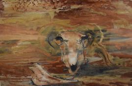 David Clyde Dridan (Australian b.1932) gouache, sheep skull within an abstract surround, signed in