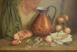 Ruffell (British 20th century) oil on canvas, still life study, still life study/rustic pantry scene