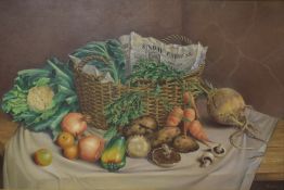 Ruffell (British 20th century) oil on canvas, still life study, basket and vegetables, signed and