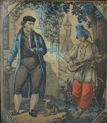 A pair of colourised 19th Century etchings, the first depicting a dinner scene and the second a bard