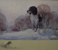 After Nigel Hemming (British b.1957) A spaniel atop a mound of snow on a country lane, signature