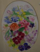 Artist unknown, 20th century oval watercolour, colourful study of flowers, within a card mount and