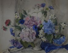 Phyllis I Hibbert (British 1903-1971) watercolour, still life study vase of hydrangeas, signed lower
