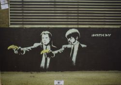 A modern colour photographic print on board, featuring a Banksy 'Reservoir Dogs' mural 32cm x 47cm