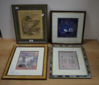 A Chinese watercolour on silk, river landscape scene with figures in boats, buildings and blossoming