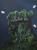 A pair of artworks on board, an other worldly portrait in greens, initialled and dated lower