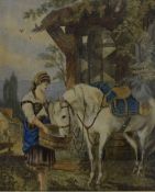 Artist unknown, an attractive 20th century watercolour, depicting a young woman watering a horse
