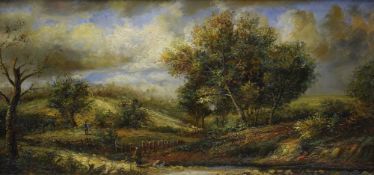 An attractive 20th century oil on panel, rural river scene with figures in the English school style,