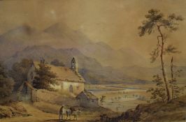 A 19th century English school watercolour, lakeland/mountainous landscape with church, figure and