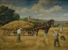 Paul T Driver (British 20th/21st century) oil on canvas, bygone harvesting scene with horse, cart