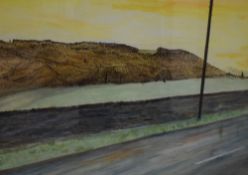 W.R Fox (British contemporary) a colourful watercolour depicting roadside and hill at sunset,