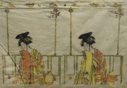 A Japanese coloured wood block print, depicting two Geisha in full traditional costume, unsigned,