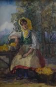 M.E.Emson (19th/20th century) watercolour, charming study of a female fruit picker, signed and dated