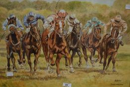R.St.Clair (British contemporary) watercolour 'Final Furlong' bright depiction of jockeys racing