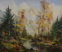 John Corcoran (British b.1940) a pair of oil on canvas's,depicting an autumnal woodland river, the