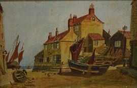 A. Heathecoat (British 20th Century) Oil on board 'Robin Hood's Bay' depicting fishing boats by