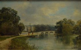 J Lewis (British 19th/20th century) an early 20th century oil on canvas, river scene with bridge and