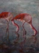Mirlan Barsi (Scottish Contemporary) a large contemporary acrylic on canvas, depicting two flamingo