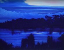 Sheila King (British Contemporary) Oil on canvas, lakescene at dawn/dusk in shades of blue, signed