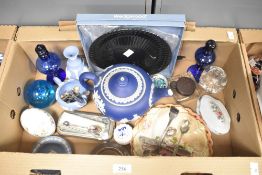 A large Wedgewood Jasper Ware blue teapot sold alongside a French porcelain 'Limoges' trinket dish