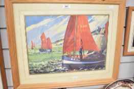 A 20th century colour print, crab or lobster boats, facsimile signature lower left within a gilt