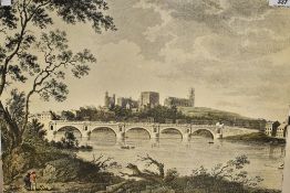 A print on board depicting a castle and church with a large bridge to the foreground.